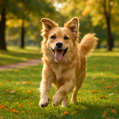 Golden dog running through park